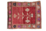 Distressed vintage Turkish Oushak square rug with cranberry, fuchsia, and beige plant motif. 2'5
