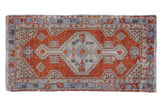 Vintage distressed Oushak rug with madder root red, ivory, pale royal blue geometric medallion.