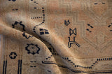 Hand knotted vintage Turkish Oushak rug texture showing navy motifs and even wear.