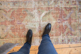 Vintage Distressed Oushak runner with faded copper, blue, green patterns and decorative wear.