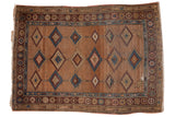 Antique Hamadan camel hair rug with blue, beige, aubergine diamond medallions. 4'3