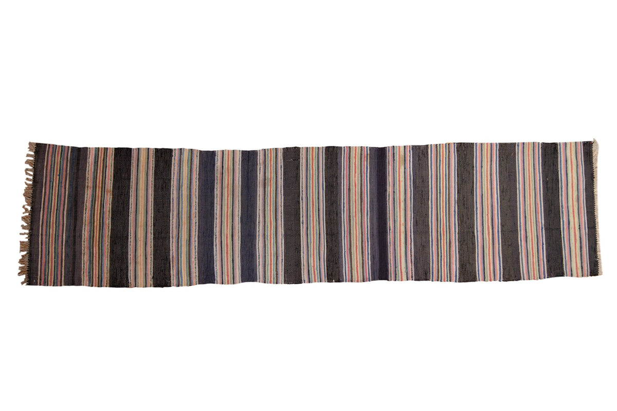 1950s vintage rag runner with varied vertical stripes in navy, black, blush, mint, and ivory.