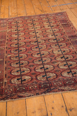 Aged Tekke rug's chestnut brown field, germinating plant border, and original worn selvage.