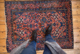 Vintage Malayer rug with raspberry Herati field and navy meandering vine border.