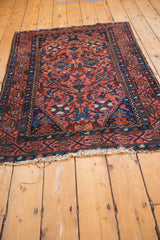 Tattered fringe and navy blue border of the vintage Malayer rug with raspberry field.