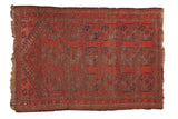 Antique Turkmen Beshir rug, madder red and navy gul medallions, foundation showing, 3' x 4'2
