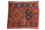 Vintage Caucasian hand-knotted square rug, double medallion, cherry red, navy blue geometric guls.