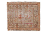 Vintage Distressed Oushak square rug, faded medallion, pinwheel floral border, sand, copper, blush.