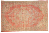 Hand knotted Oushak carpet, distressed faded pink and ivory roundel medallion, 6'5