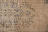Distressed Oushak rug texture; faded floral motifs in antique ivory and muted blue.