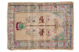 Distressed vintage Oushak rug mat, ivory tree of life, faded blue-green and fuchsia border.