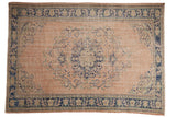 Vintage distressed Oushak carpet with dusty rose open field, cobalt blue roundel medallion, 7'1