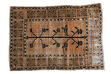 Vintage Distressed Oushak rug, deep navy tree of life, abrashed beige field, geometric border.