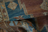 Distressed Oushak runner with textured pile, showing sky blue, copper, and saffron yellow geometric patterns.