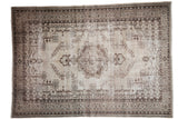 Distressed vintage Oushak rug, faded chocolate brown medallion and antique ivory ground, 6'6
