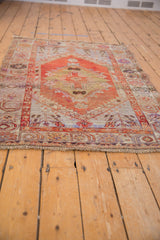 Vintage Oushak rug corner, tree of life motif, abrashed rust, pale blue, saffron hues, fringe.