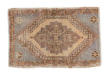 Distressed Oushak rug mat, bold stepped medallion, palmette border, ivory, beige, slate blue, 1'8