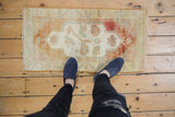 Distressed vintage Oushak rug mat with abrashed terra cotta, beige, mint green floral medallion.