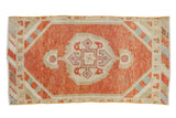 Distressed vintage Oushak rug mat, bold brick red field, ivory geometric medallion, 1'7