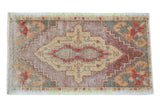Distressed Oushak rug mat, central geometric medallion, burgundy, saffron, sand, 1'7