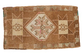 Vintage distressed Oushak mat, coffee brown, ivory, pink, with central medallion, 1'9