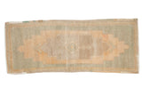 Vintage Distressed Oushak rug runner, oversize stepped medallion, muted apricot, beige, seafoam.