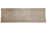 Distressed Oushak runner, triple medallion, faded blush, beige, powder blue floral design. 3'6