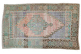 Distressed vintage Oushak rug: stepped medallion, blush, faded blue, mint green, 3'8