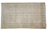 Vintage Distressed Oushak rug, faded ivory and pale mint floral lattice with foundation showing, 5'5