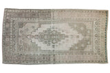 Distressed Oushak carpet, stepped medallion, muted gray, antique ivory, seafoam tones, 5'1