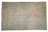 Distressed vintage Oushak carpet, roundel floral medallion, beige, apricot, mint tones, 6'2