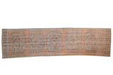 Distressed vintage Oushak runner with faded terracotta, blue, mint oversize medallions, 3'1