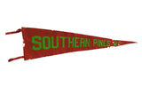 Antique Southern Pines NC felt pennant, red with green hand-cut block letters, aged patina, 8
