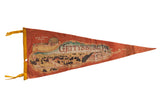 Vintage red felt Gettysburg PA pennant flag with detailed battlefield graphics and yellow trim.