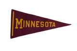 Vintage mid-century Minnesota felt pennant flag, maroon with gold 'MINNESOTA' text, 3x6 inches.