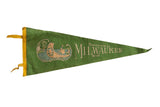 Green vintage circa 1940s Milwaukee Wisconsin felt pennant with teepee and canoe lake scene.