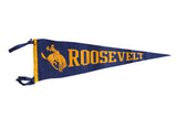 Vintage Roosevelt felt flag in blue and gold featuring a bucking bronco graphic.