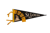 Vintage 1951 St. Louis felt flag, black with yellow, blue 1951, and statue graphic.