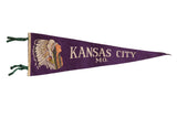 Vintage 1950s Kansas City Missouri felt flag, rich purple with Native American chief graphic.