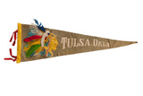 Vintage Tulsa Oklahoma felt pennant flag, olive green with colorful feathered headdress, 8x25.