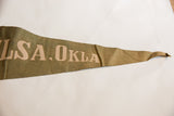 Vintage Tulsa Oklahoma felt flag with 'LSA, OKLA' text, showing olive felt texture and creases.