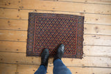 Vintage Afshar rug's lower section with feet, displaying germinating floral pattern and tattered edge.