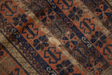 Antique Belouch rug detail with germinating plant motifs, madder root, navy, and low pile.
