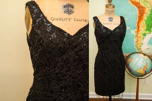 Vintage 80s Little Black Sequin Dress // ONH Item 1705