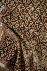 Distressed Oushak rug runner, brown and ivory panel floral pattern, with blush selvage.