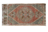 Distressed vintage Oushak mat, diamond medallion, abrashed aubergine, slate, mint tones, 1'5