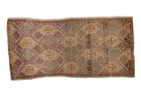 Distressed vintage Oushak runner, allover geometric lattice in coffee brown, copper, aubergine, 1'8
