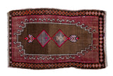 Distressed vintage Oushak rug, asymmetric medallion, rams horn, diamond border, burgundy, charcoal.
