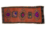 Distressed Oushak rug mat, triple floral medallions on sandalwood, vibrant jewel tones, 1'3