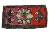 Vintage Distressed Oushak rug, oversized floral medallion, fuschia, rust abrashed ground, 1'9